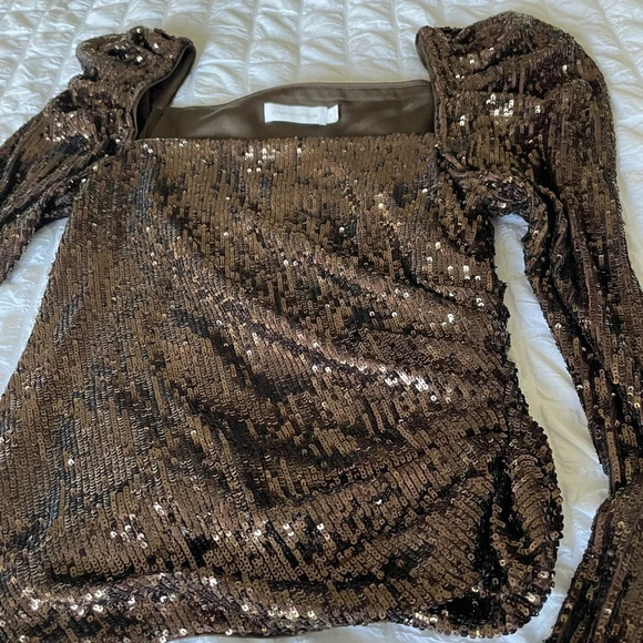 Jonathan Simkhai Allura brown sequin square neck puff sleeve top - Picture 11 of 12
